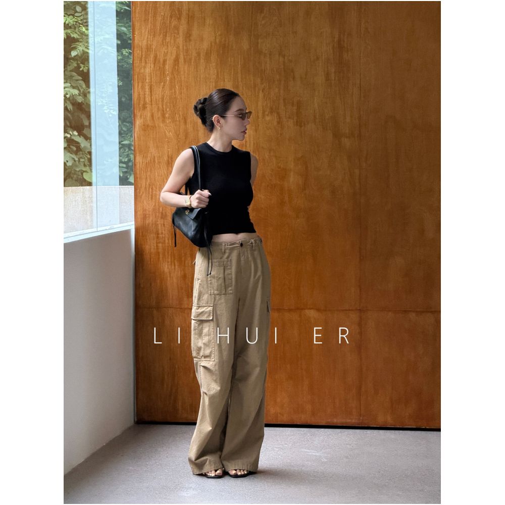LiHuiEr Beverly Hills Summer Brown Pure Cotton 3D Cut Straight Leg Cargo Pants for Women image 1