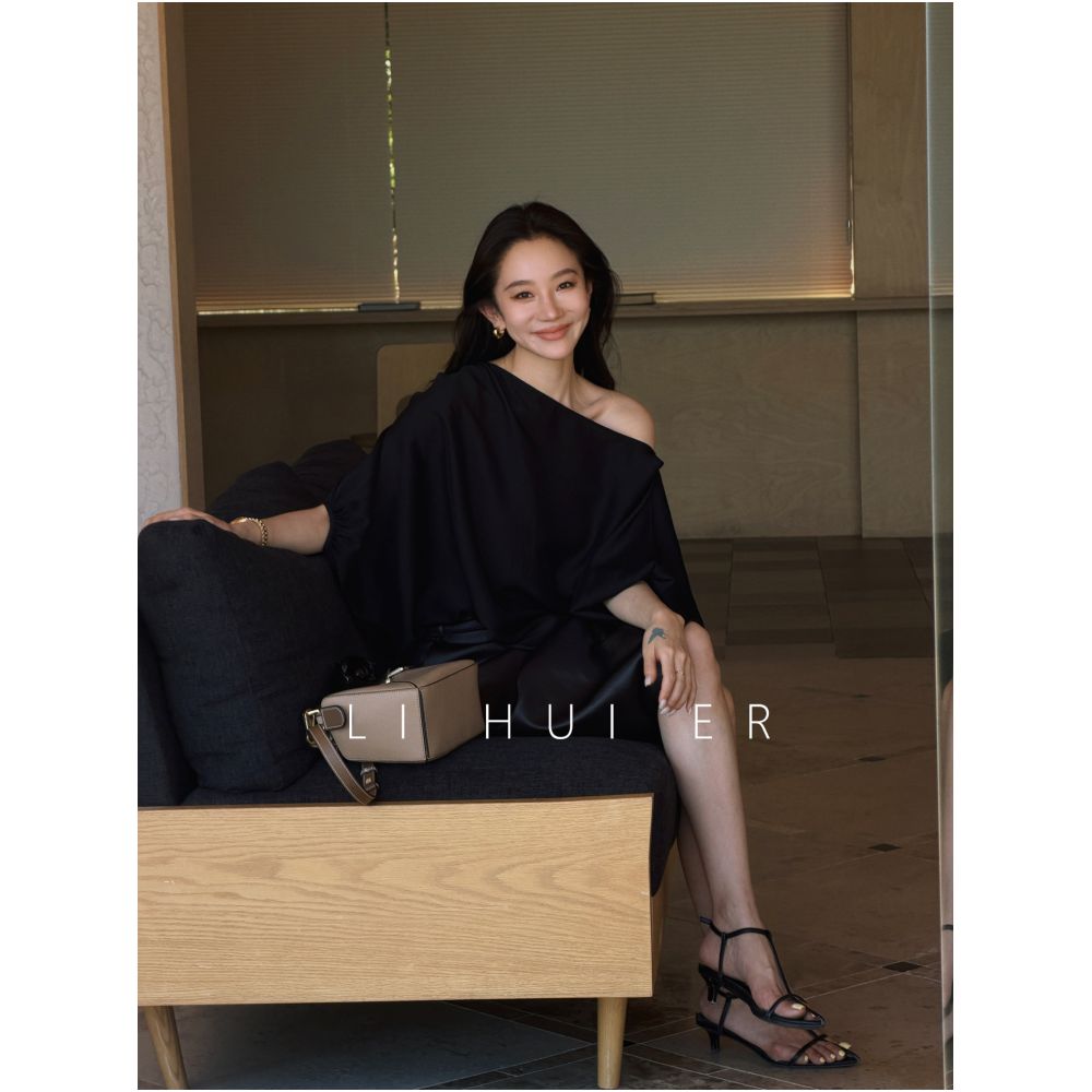LiHuiEr Basil and Night Black Off Shoulder Cape T Shirt Women s Summer Minimalist Acetate Loose Top image 1
