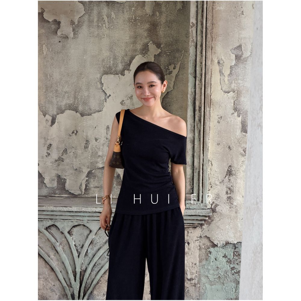 LiHuiEr Left Wheel Summer Night Summer Navy Blue Acetate Fiber Off Shoulder Short Sleeve T Shirt and Pants Set for Women image 2