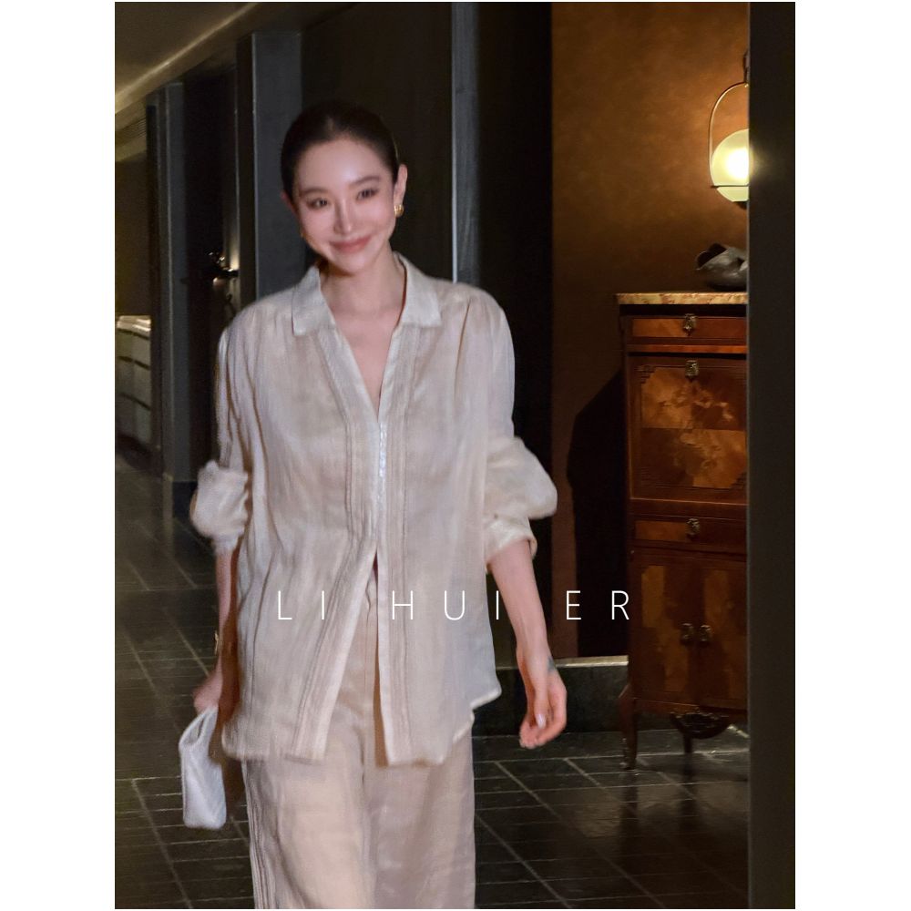 LiHuiEr Li Huier Ga and Pine Summer Beige V neck Long sleeved Ramie Shirt and Trousers Set for Women image 2