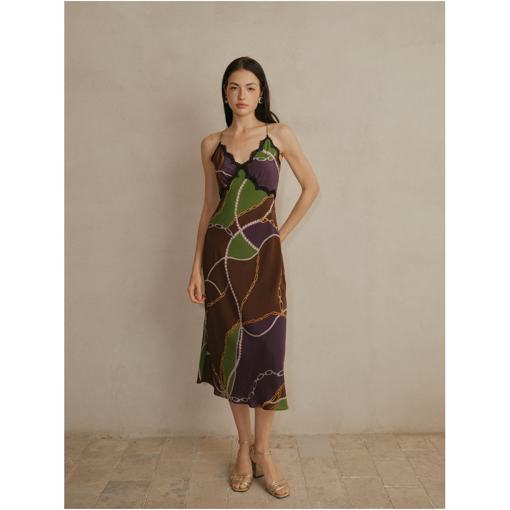 Daily Romance French style elegant silk halter dress with pearl and chain print lace trim image 0