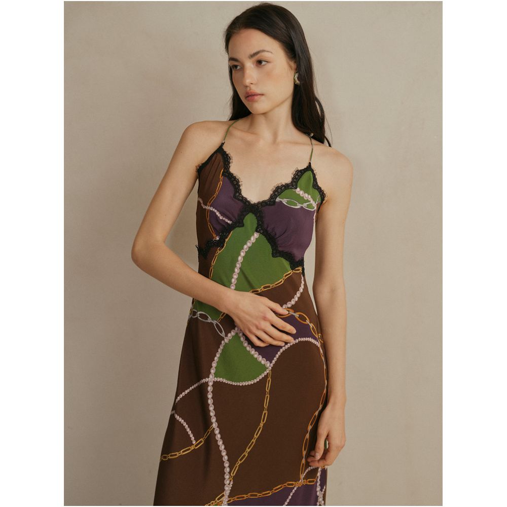 Daily Romance French style elegant silk halter dress with pearl and chain print lace trim image 1