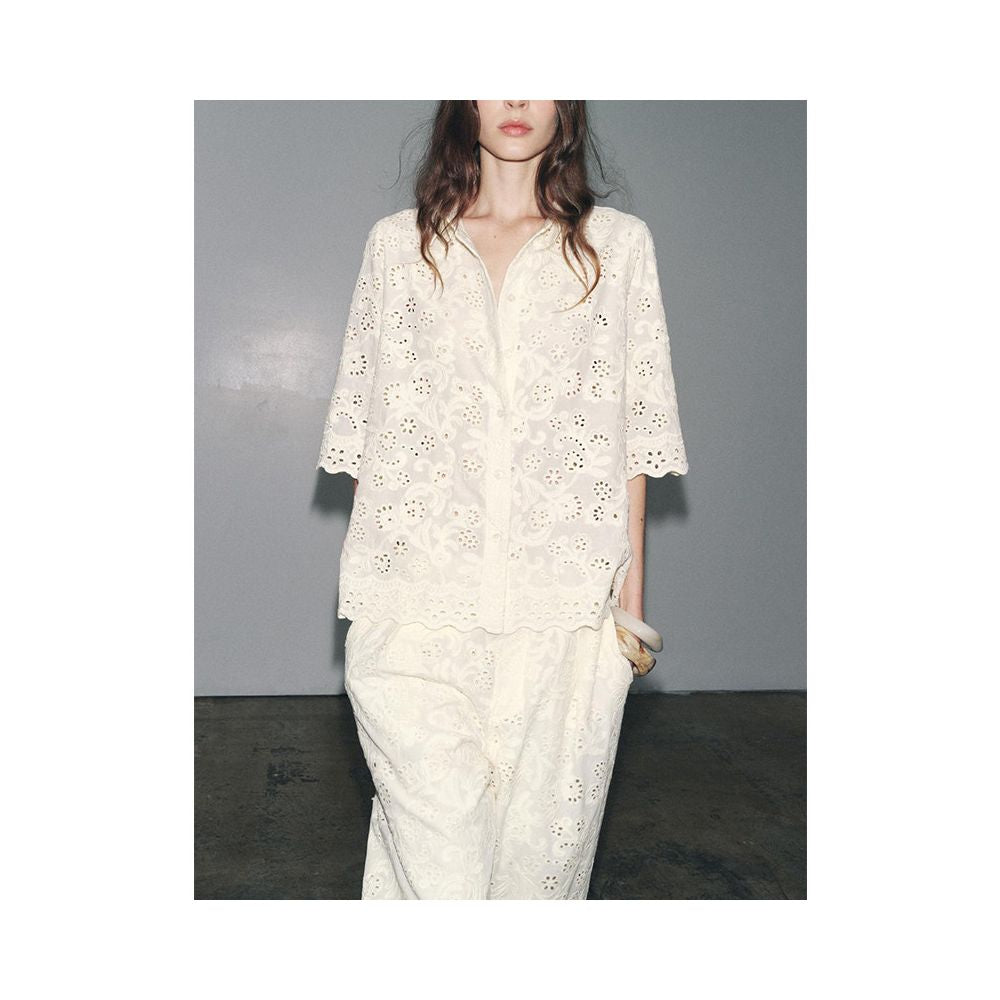 Short sleeved collared openwork embroidered shirt 2731063 Pleated mid waisted openwork embroidered trousers 2731064 image 2