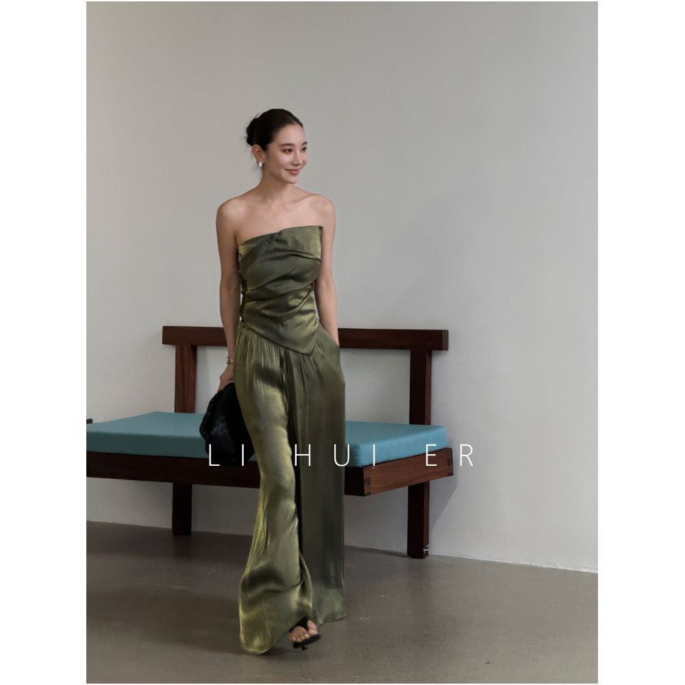 LiHuiEr Summer Olive Green Loose fitting Tank Top and Pants Two Piece Set for Women image 1