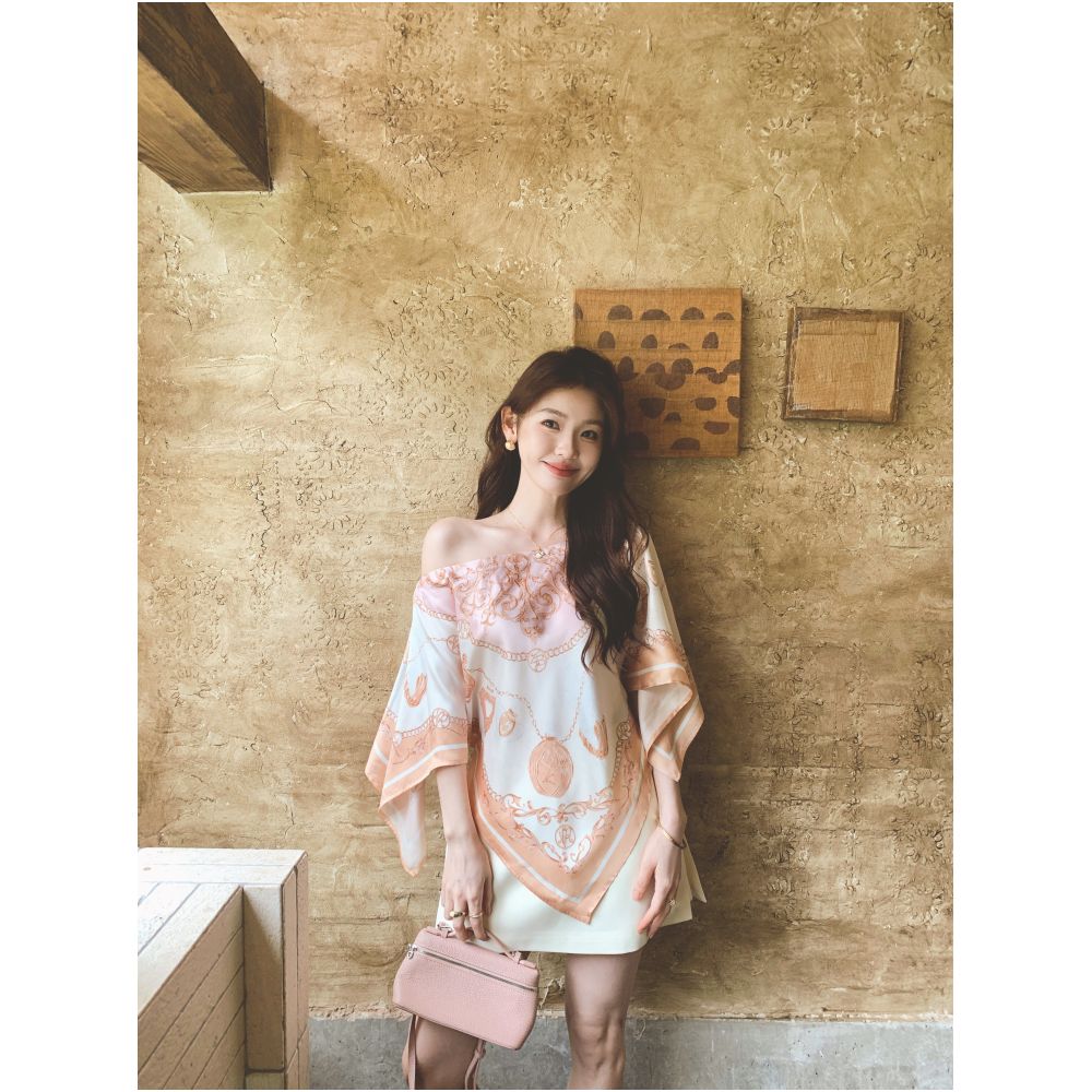 Syeee Sweet Dream Printed Square Scarf Top for Women Summer Retro Gentle Draping Off Shoulder image 0