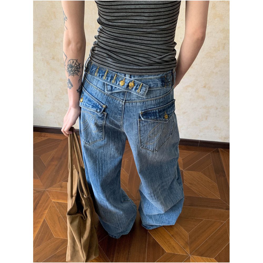 American retro style bamboo pattern jeans with back buckle unisex clean fit loose fit casual style trendy couple pants image 0
