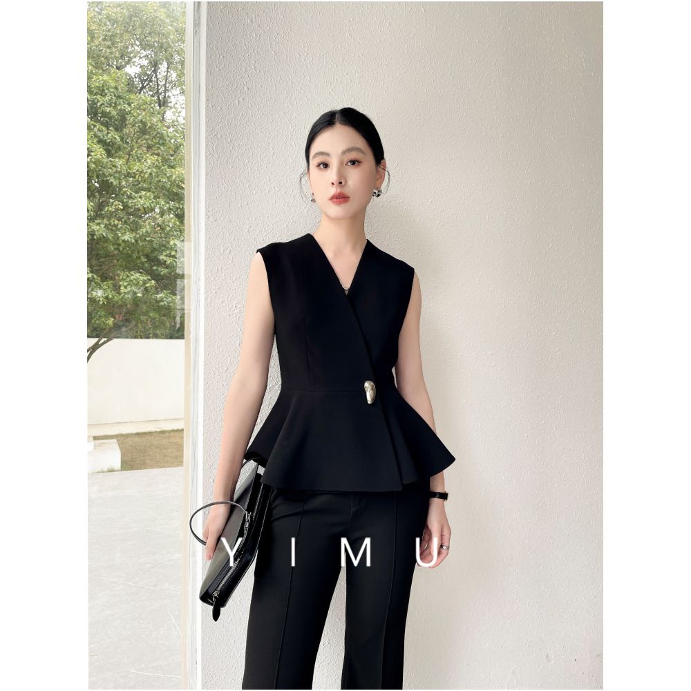 YIMU Black Acetate Vest 2026 New Style V neck High end Fit Slim Fit Elegant Ruffle Top Summer image 1
