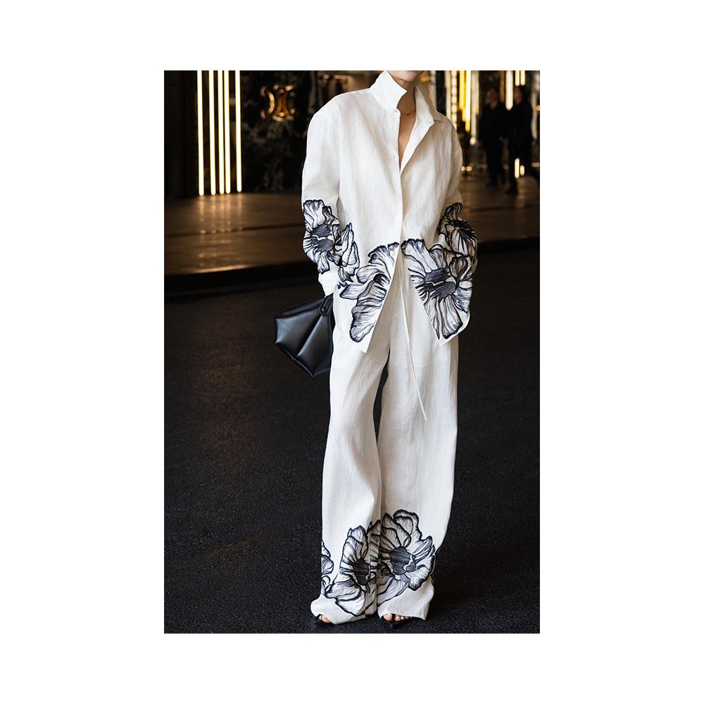 Chanel inspired stylish two piece suit for women autumn look elegant and sophisticated high end European style white linen shirt and wide leg pants image 0