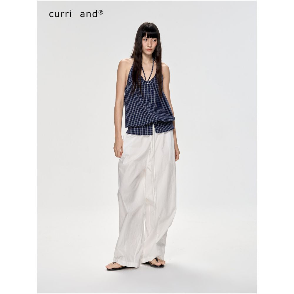 Curriges Summer Backless Sleeveless Plaid Faux Two Piece Halter Neck Tank Top for Women image 1