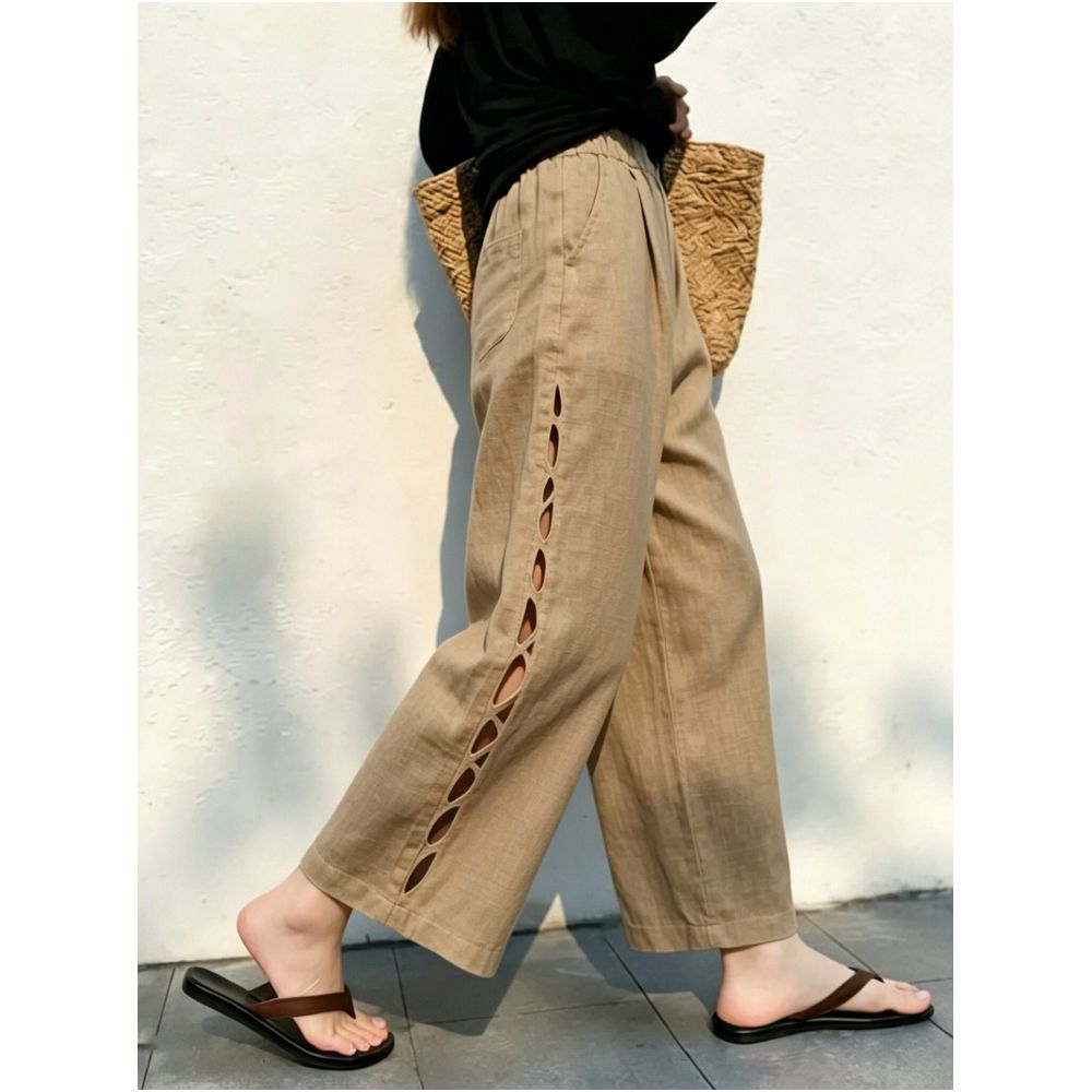 Khaki wide leg pants with cutout design a popular new style for summer 2026 high waisted loose fitting slimming casual pants image 1