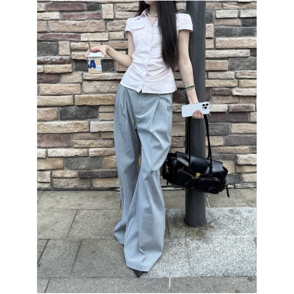 Need Money Hollywood Double Pleated Three Dimensional Cut Striped Straight A Line Truffle Blended Trousers for Commuting and Casual Wear image 1