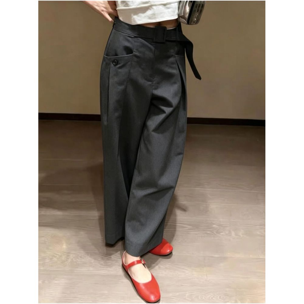 Niche and chic belted casual pants 2026 summer style women s classic and sophisticated dark gray wide leg pants image 1