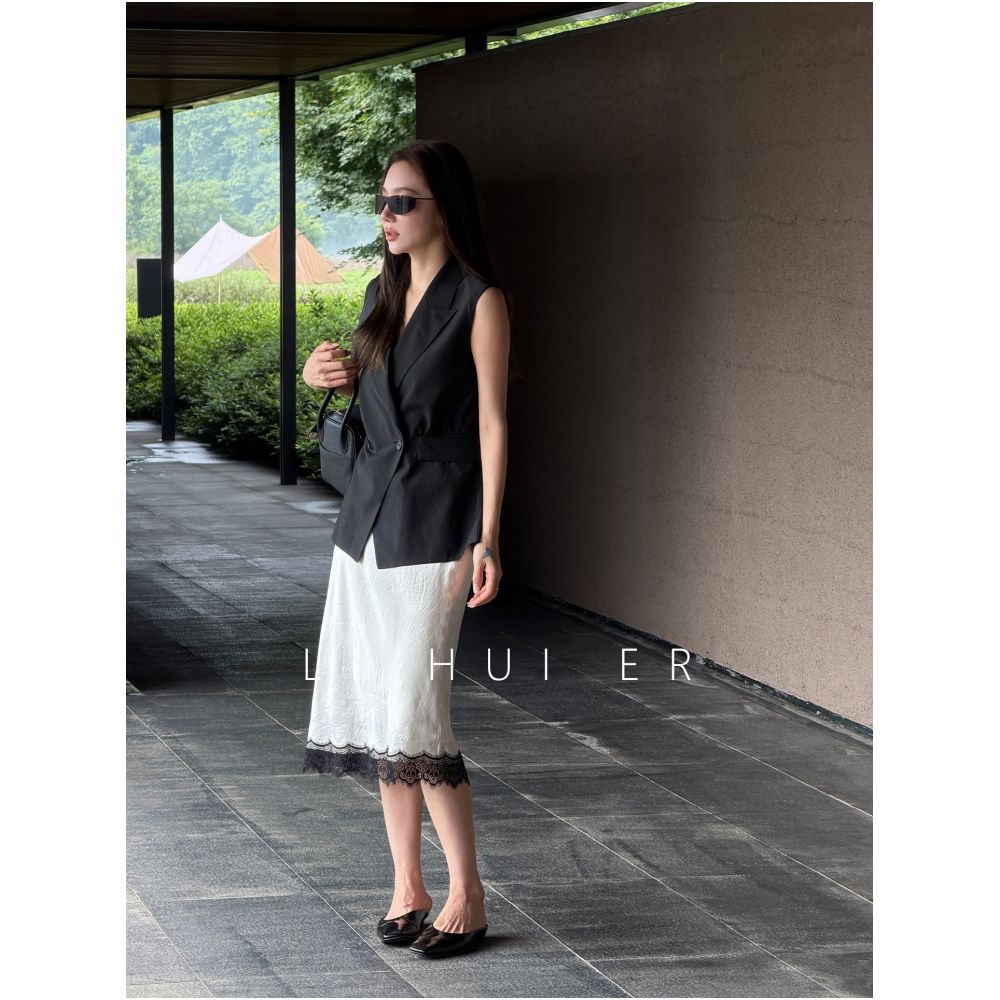 LiHuiEr Luoyuchuan Summer Light Beige High Waisted Lace Trimmed Acetate Straight Skirt for Women image 1
