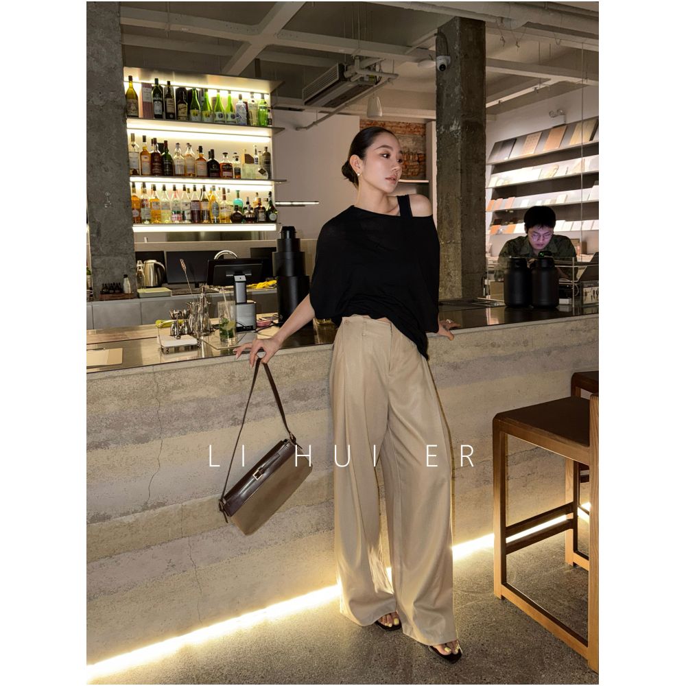 LiHuiEr Berlin Lonely Moon Summer Apricot Mid Waist Pleated Loose Straight Wide Leg Pants for Women image 0