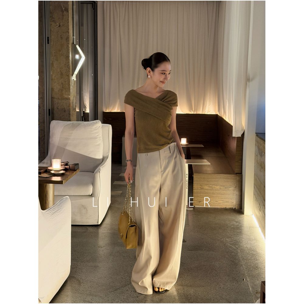 LiHuiEr Berlin Lonely Moon Summer Apricot Mid Waist Pleated Loose Straight Wide Leg Pants for Women image 1