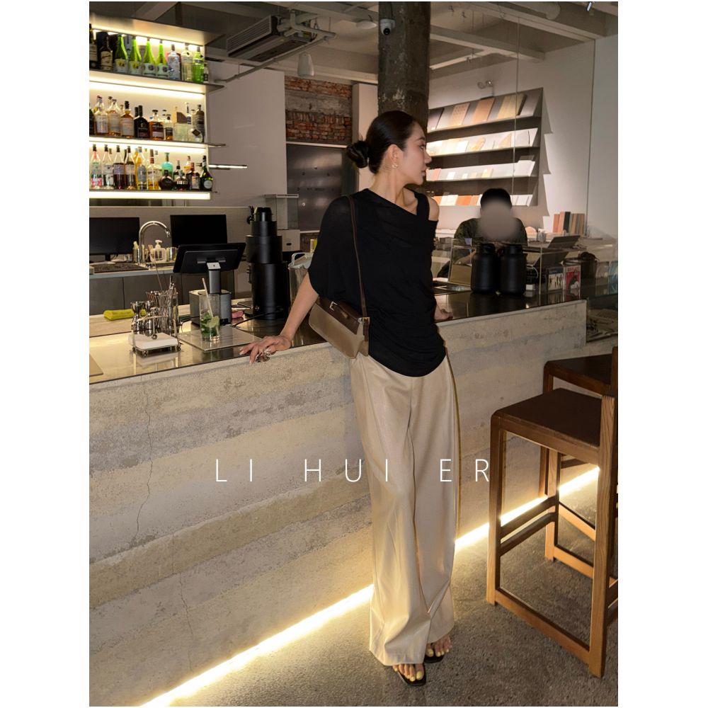 LiHuiEr Berlin Lonely Moon Summer Apricot Mid Waist Pleated Loose Straight Wide Leg Pants for Women image 2