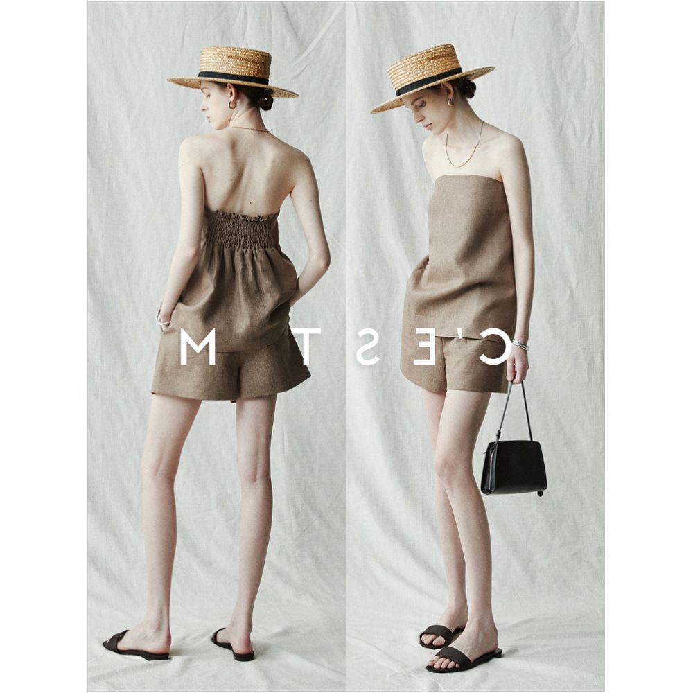 BTRS M Casual Vacation Style High End 100 Linen Smack Camisole Bandeau Top and Shorts Set image 0