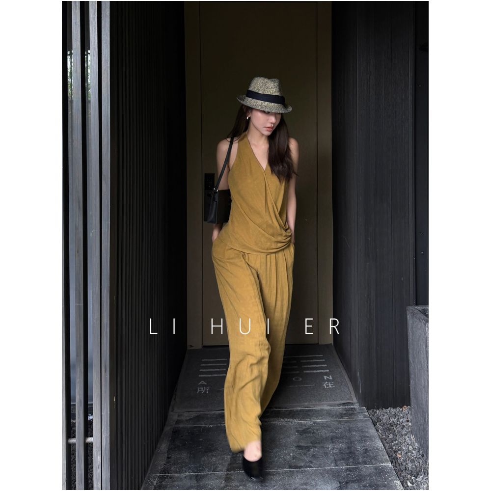 LiHuiEr Parisian Style Summer Honey Yellow Halter Vest Midi Long Pants Two Piece Set for Women image 0