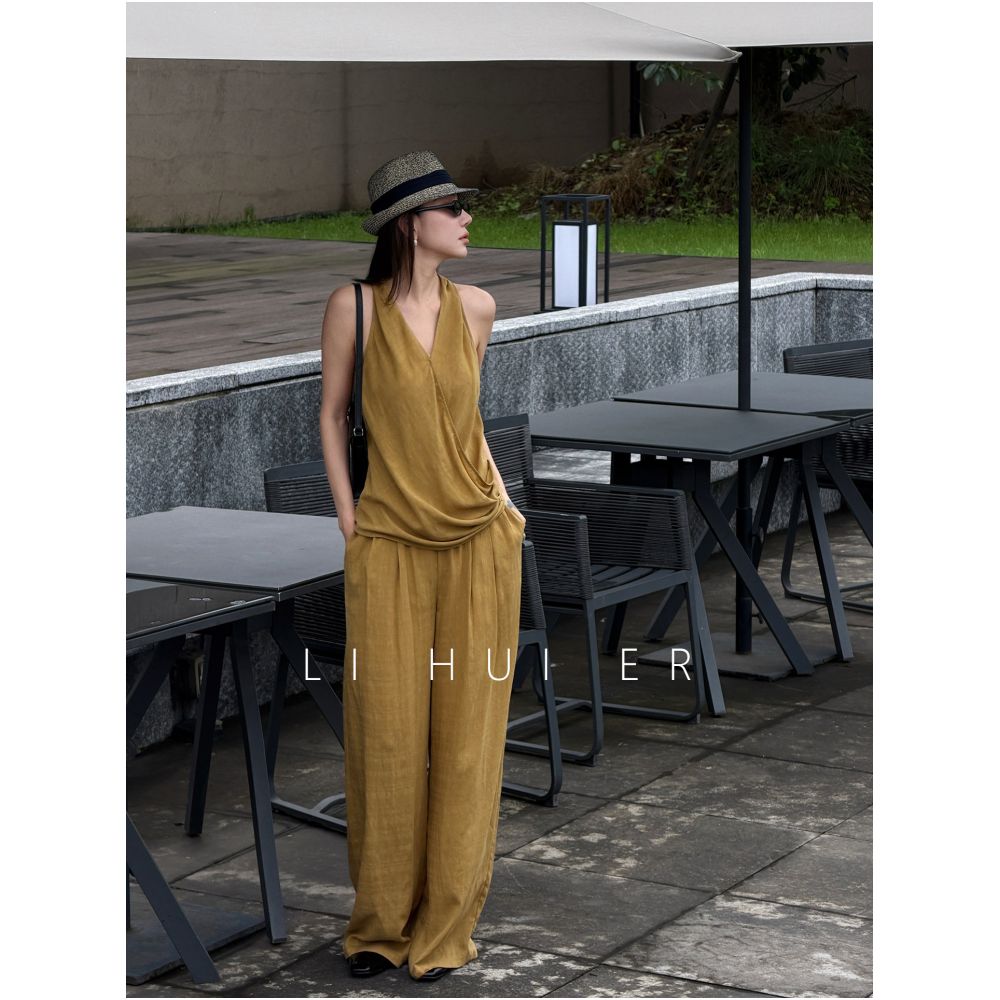 LiHuiEr Parisian Style Summer Honey Yellow Halter Vest Midi Long Pants Two Piece Set for Women image 1