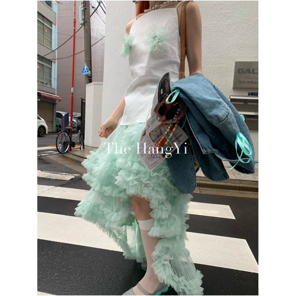 The HangYi Summer Original Design White Camisole Vest with Irregular Mint Mambo Tulle Skirt for Women image 0