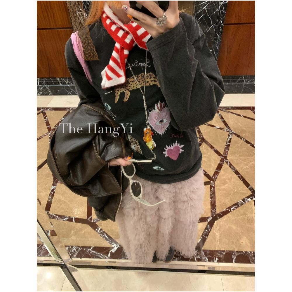 The HangYi Spring Summer Trendy High End Black and Gray Printed T shirt Pink Puffy Mesh Midi Skirt for Women image 1