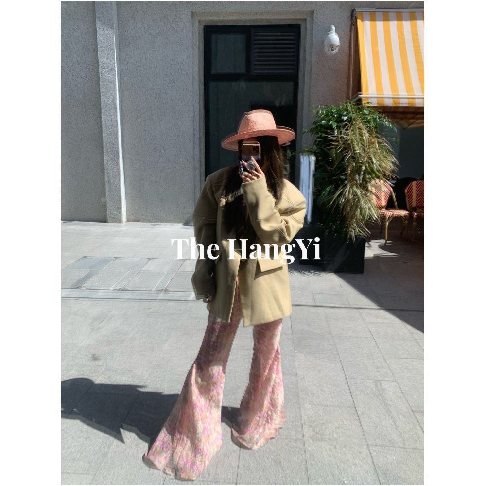 The HangYi Summer New Floral Print Lace up Flared Pants Women s Textured Pleated High Waisted Wide Leg Trousers image 1