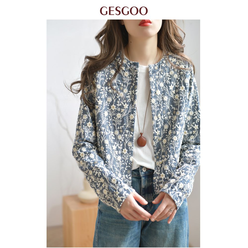 GESGOO Women s Design Embroidered Short Jacket Spring Commute Slimming Round Neck Literary Top Stylish Retro image 1