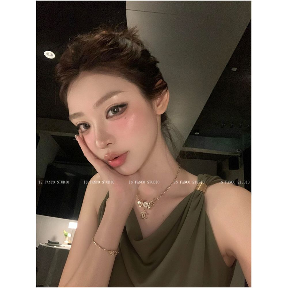 Fanco Military Green Drape Neckline Camisole Vest for Women Summer 2026 Elegant Twisted Pleats Slim Fit Sleeveless Top image 1