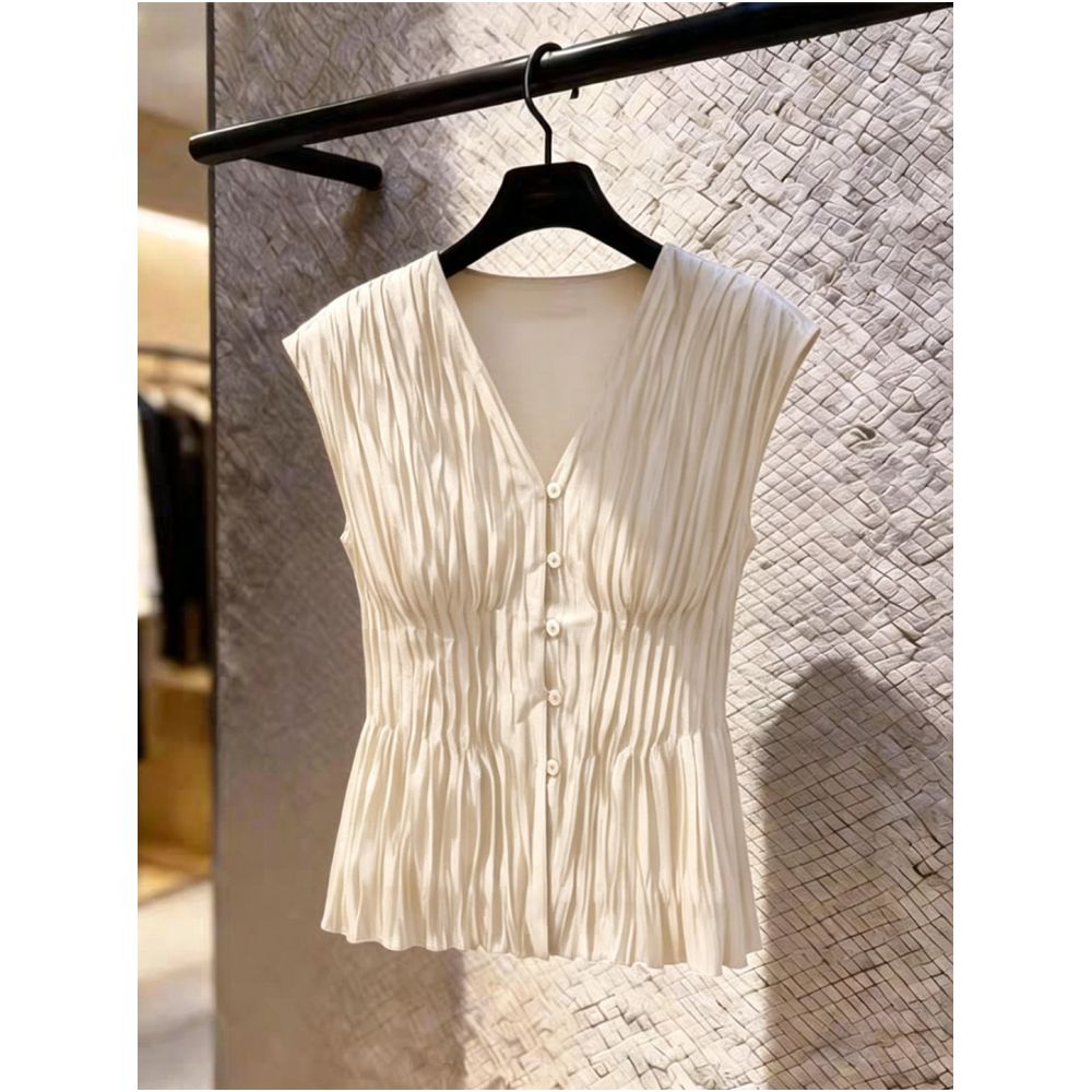 Off white pleated waist cinching V neck sleeveless vest new summer 2026 style fashionable and elegant top image 1