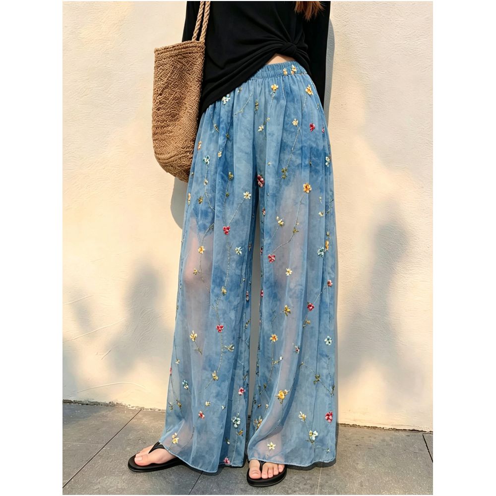 Thin and breathable blue tie dye casual pants for women new summer 2026 style loose fit high end embroidered wide leg trousers image 0