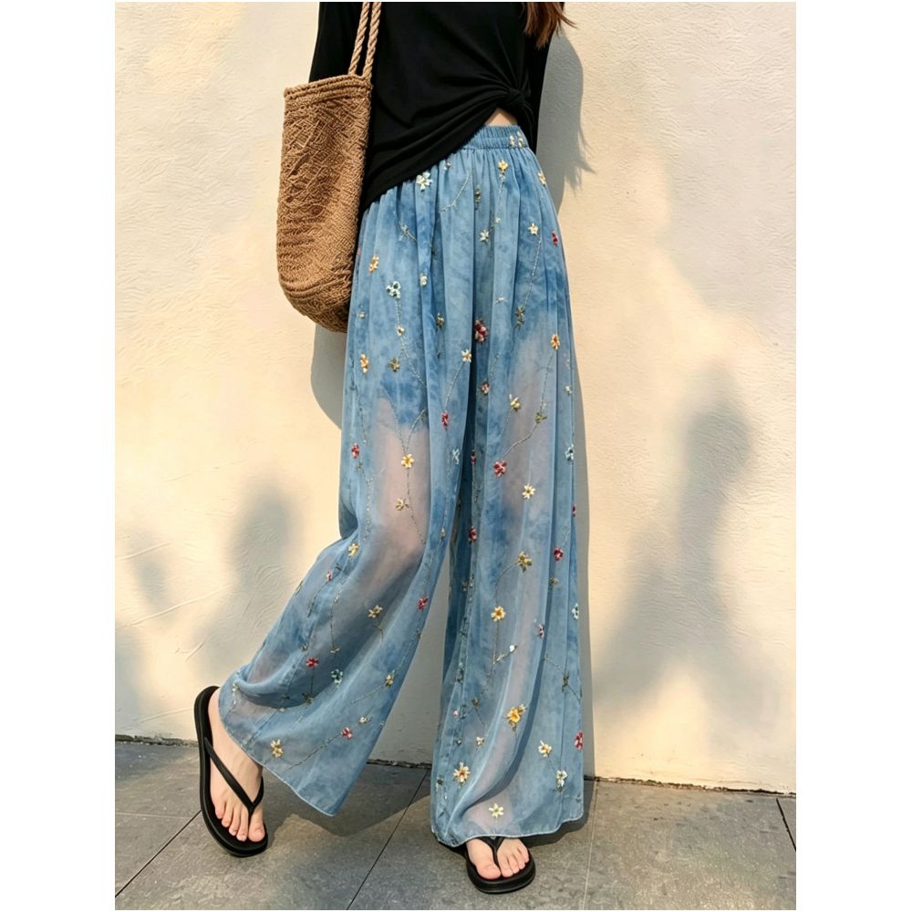 Thin and breathable blue tie dye casual pants for women new summer 2026 style loose fit high end embroidered wide leg trousers image 1