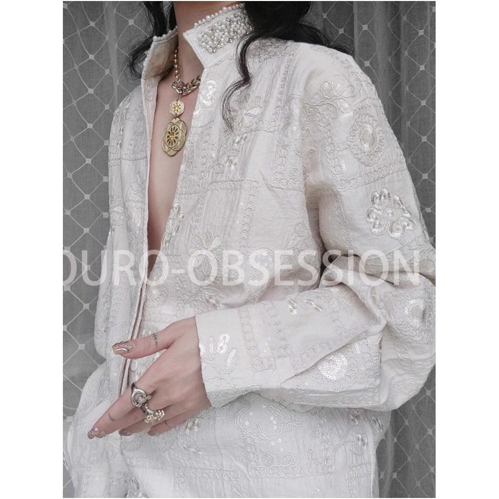 OURO Bard Court Style Embroidered Textured Beaded Light Luxury Deep V Neck Shirt image 0