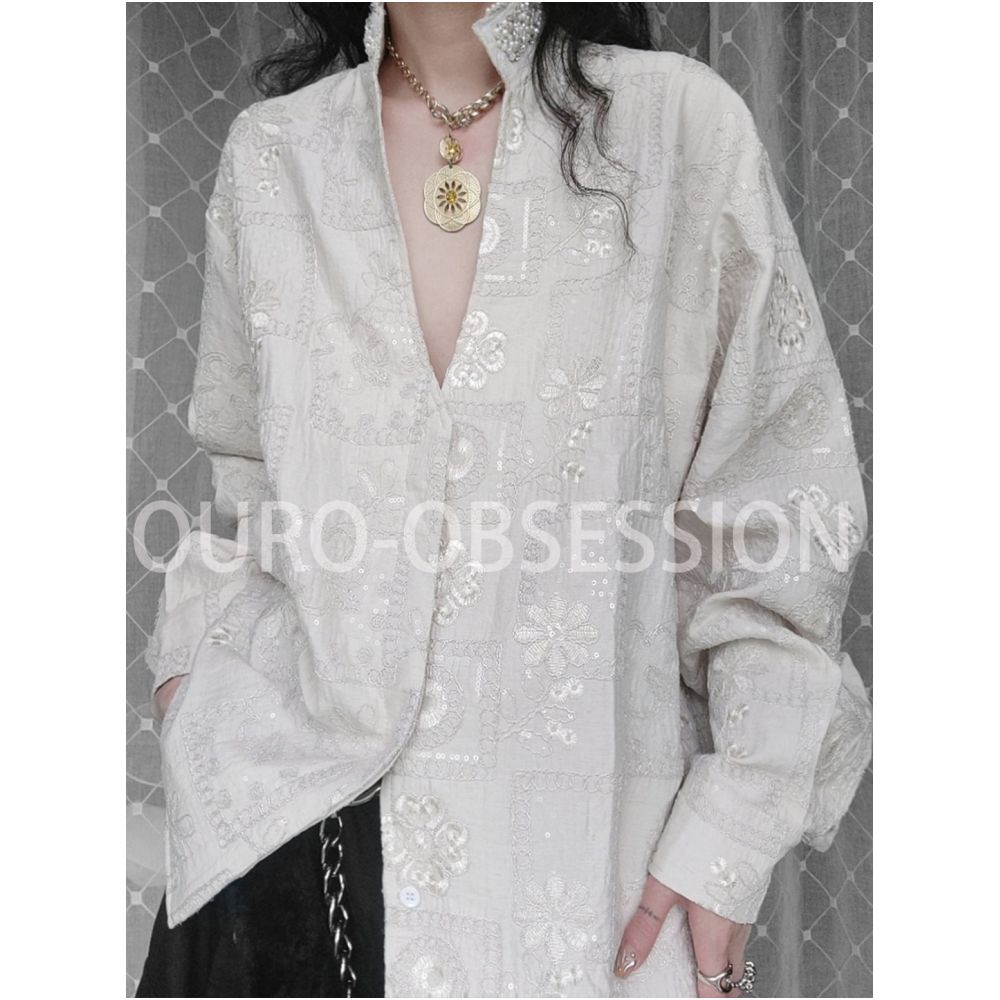 OURO Bard Court Style Embroidered Textured Beaded Light Luxury Deep V Neck Shirt image 2