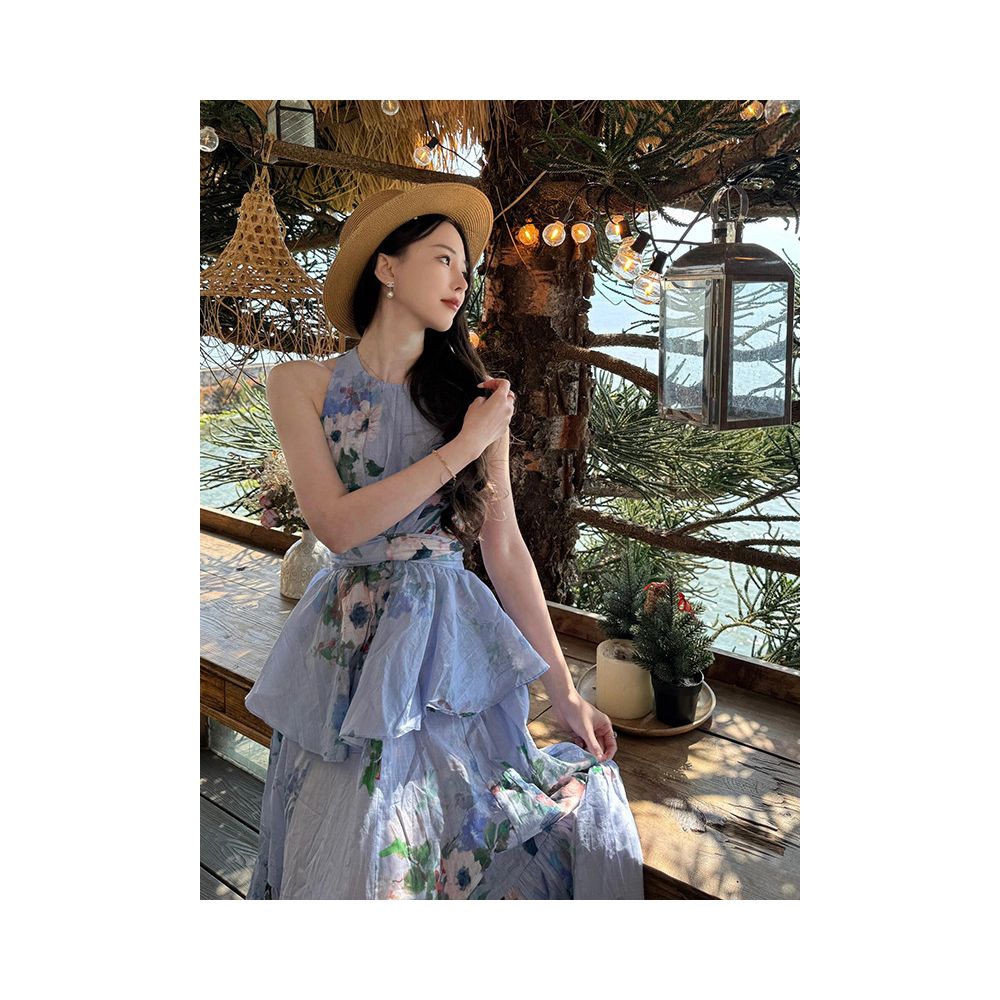 LOAMAR STUDIO Blue Halter Neck Backless Floral Top and Skirt Two Piece Set for Women Summer 2025 Sexy image 1