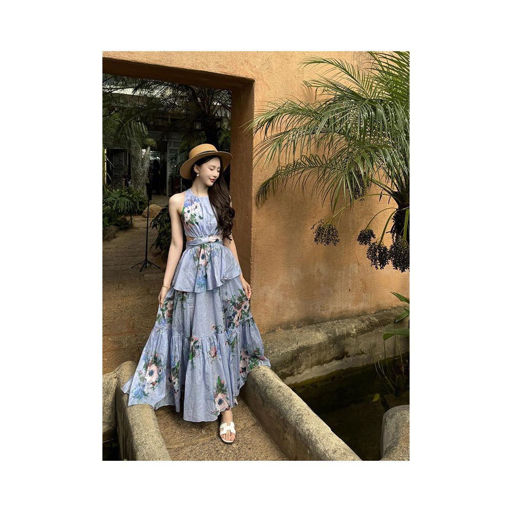 LOAMAR STUDIO Blue Halter Neck Backless Floral Top and Skirt Two Piece Set for Women Summer 2025 Sexy image 2