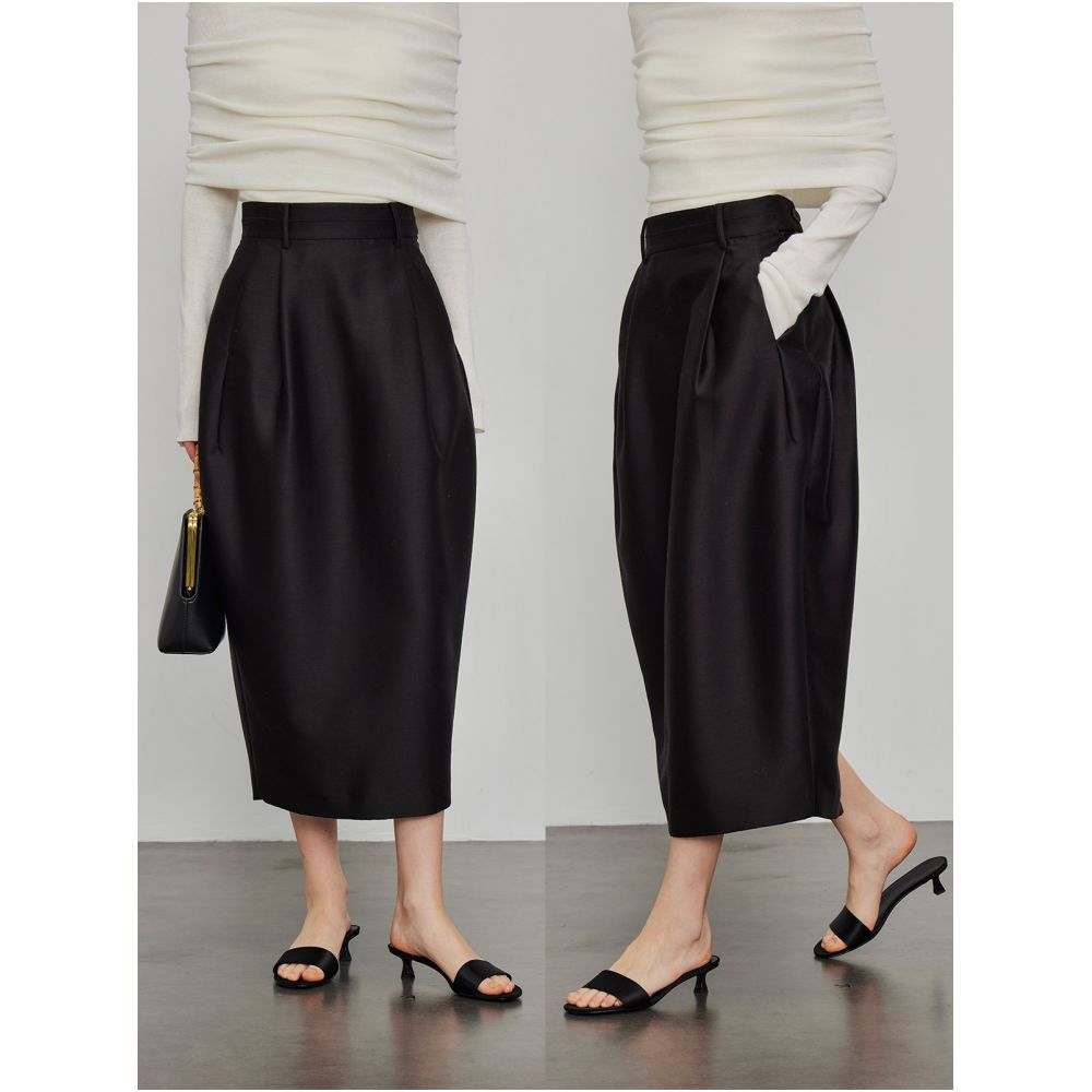 3ONE silk wool high end elegant and fashionable ROW style pleated design high waisted slimming slit tulip skirt image 0