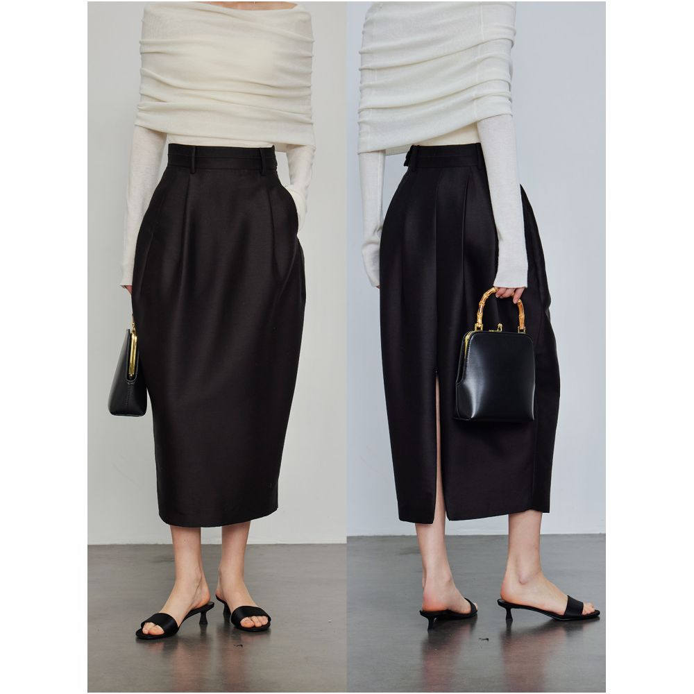 3ONE silk wool high end elegant and fashionable ROW style pleated design high waisted slimming slit tulip skirt image 1