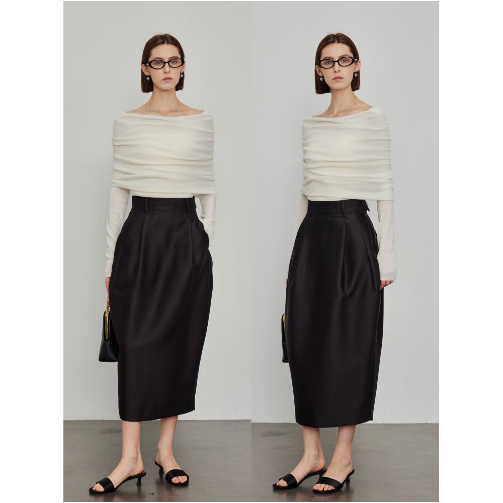 3ONE silk wool high end elegant and fashionable ROW style pleated design high waisted slimming slit tulip skirt image 2