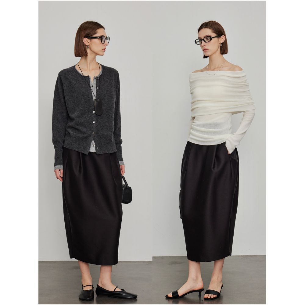 3ONE silk wool high end elegant and fashionable ROW style pleated design high waisted slimming slit tulip skirt image 3