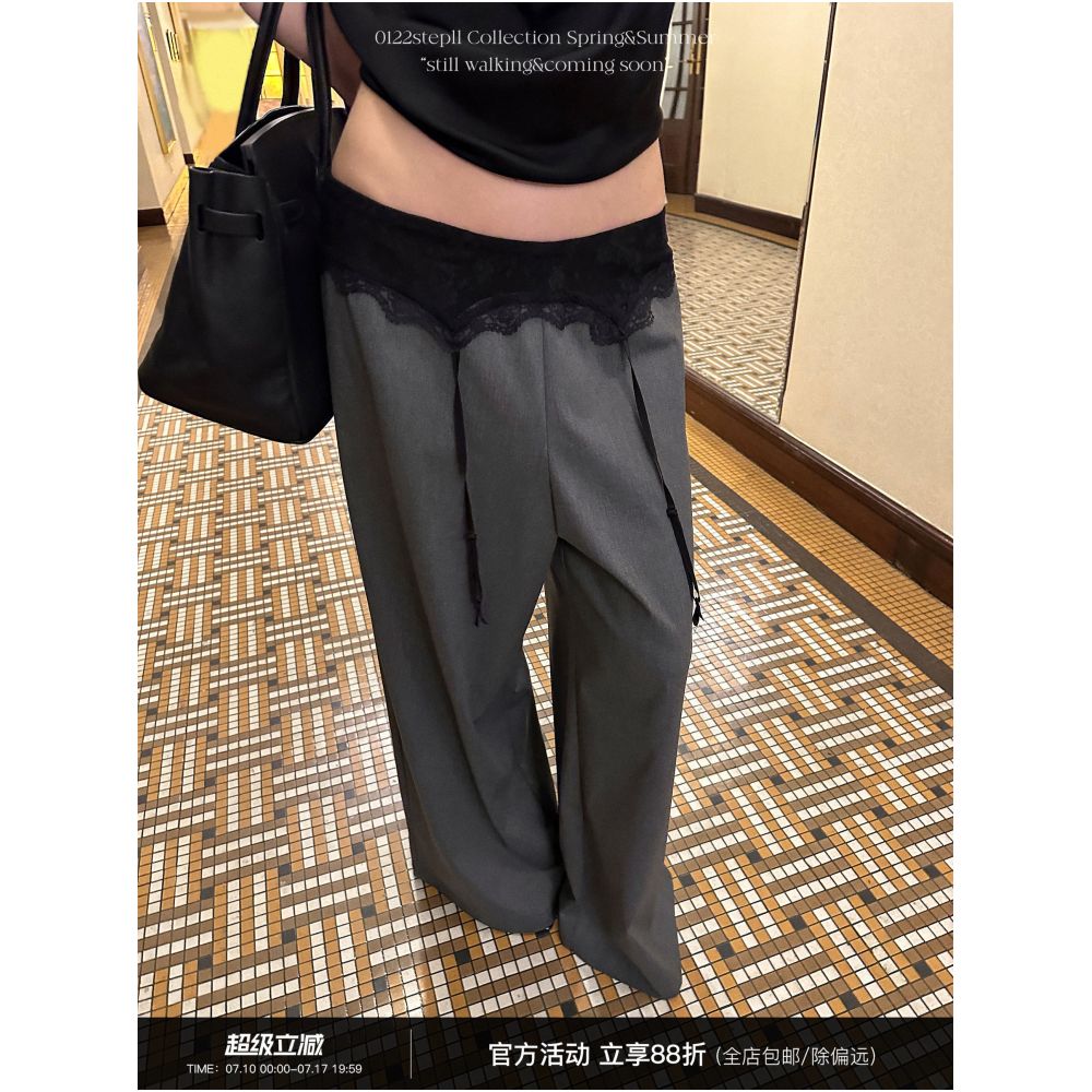 0122stepll Restrained Romance Gray Lace Casual Trousers for Women Summer Relaxed Fit Wide Leg Pants image 0