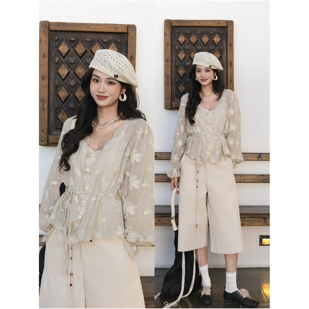LAZYZ French style embroidered V neck top for women spring 2026 new style waist cinching belted short breathable sun protective shirt image 2