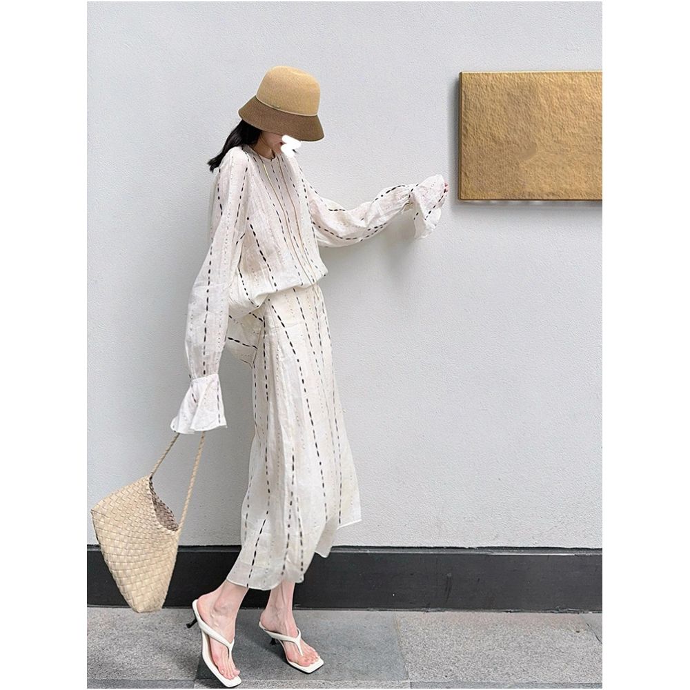 Drawdream French style high end color blocked striped print long sleeved top and high waisted slimming skirt set image 0