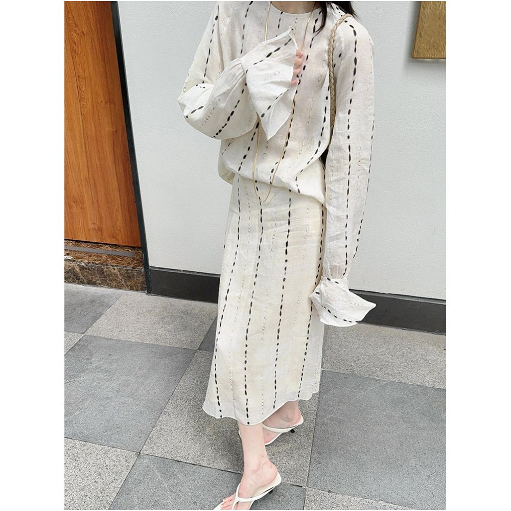 Drawdream French style high end color blocked striped print long sleeved top and high waisted slimming skirt set image 4