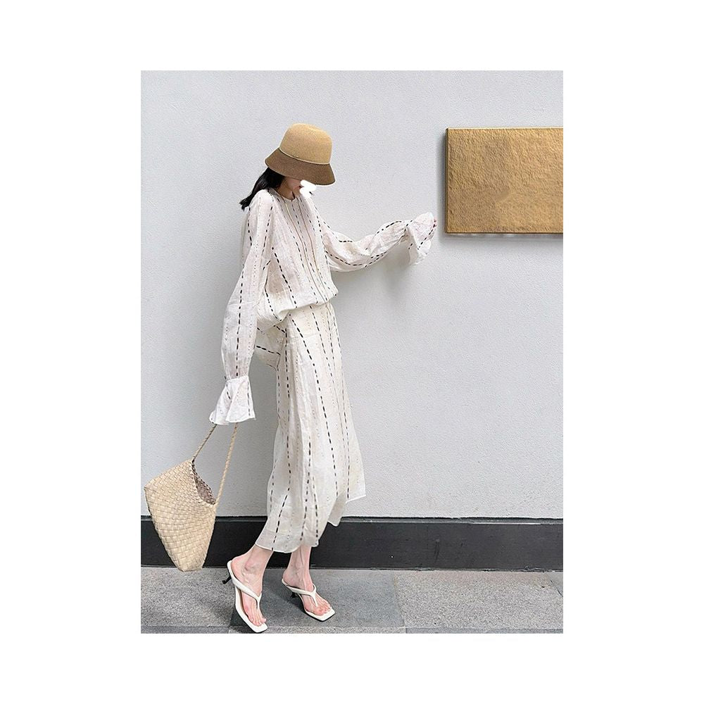 ASAYA7202 – Whisper Stripe Linen Blouse & Midi Skirt Set 🤍🌾