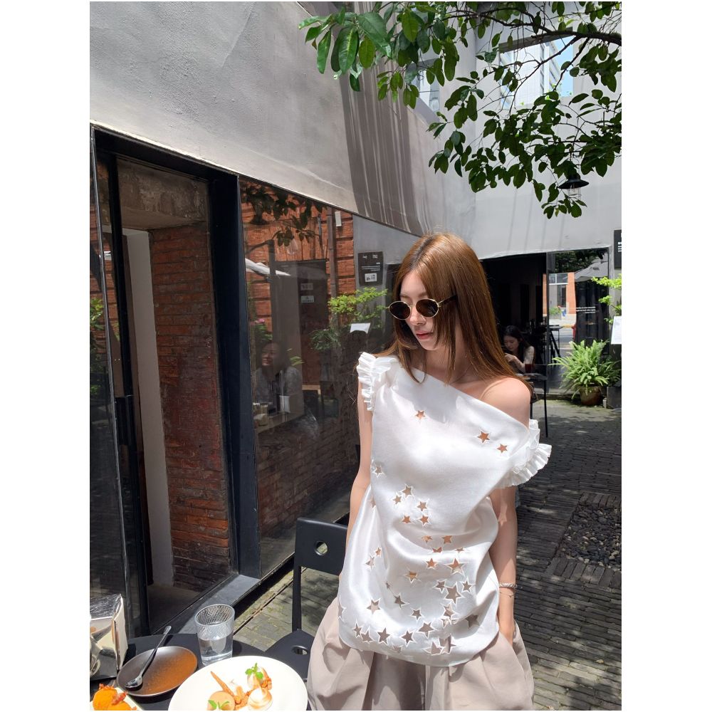 Big Dog with Braces Starry Sky Hollow out Shirt Everyday Versatile Satin Loose Fit Slimming Off Shoulder Top image 0