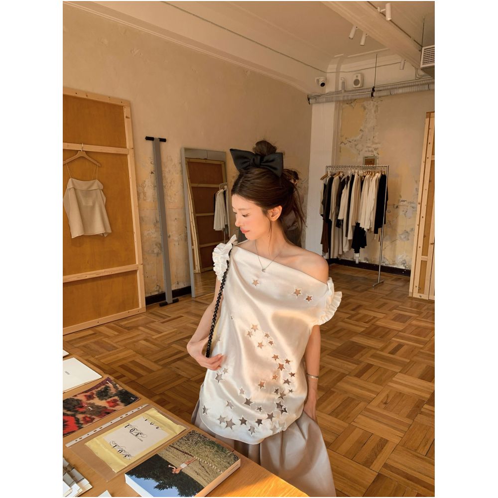 Big Dog with Braces Starry Sky Hollow out Shirt Everyday Versatile Satin Loose Fit Slimming Off Shoulder Top image 1