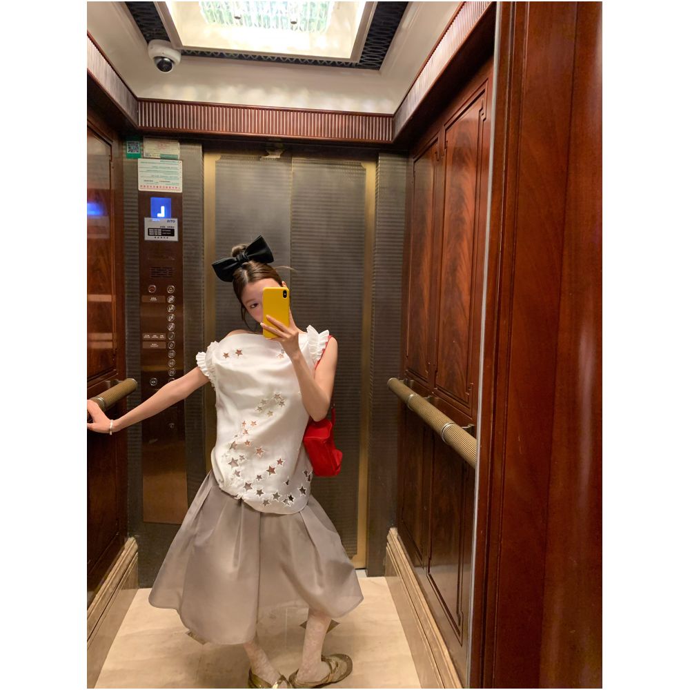Big Dog with Braces Starry Sky Hollow out Shirt Everyday Versatile Satin Loose Fit Slimming Off Shoulder Top image 2