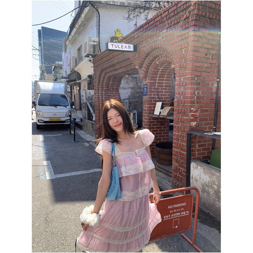 Big Dog with Braces Pink Rose Heavy duty lace trimmed flutter sleeve top lace trimmed elastic waist skirt image 0