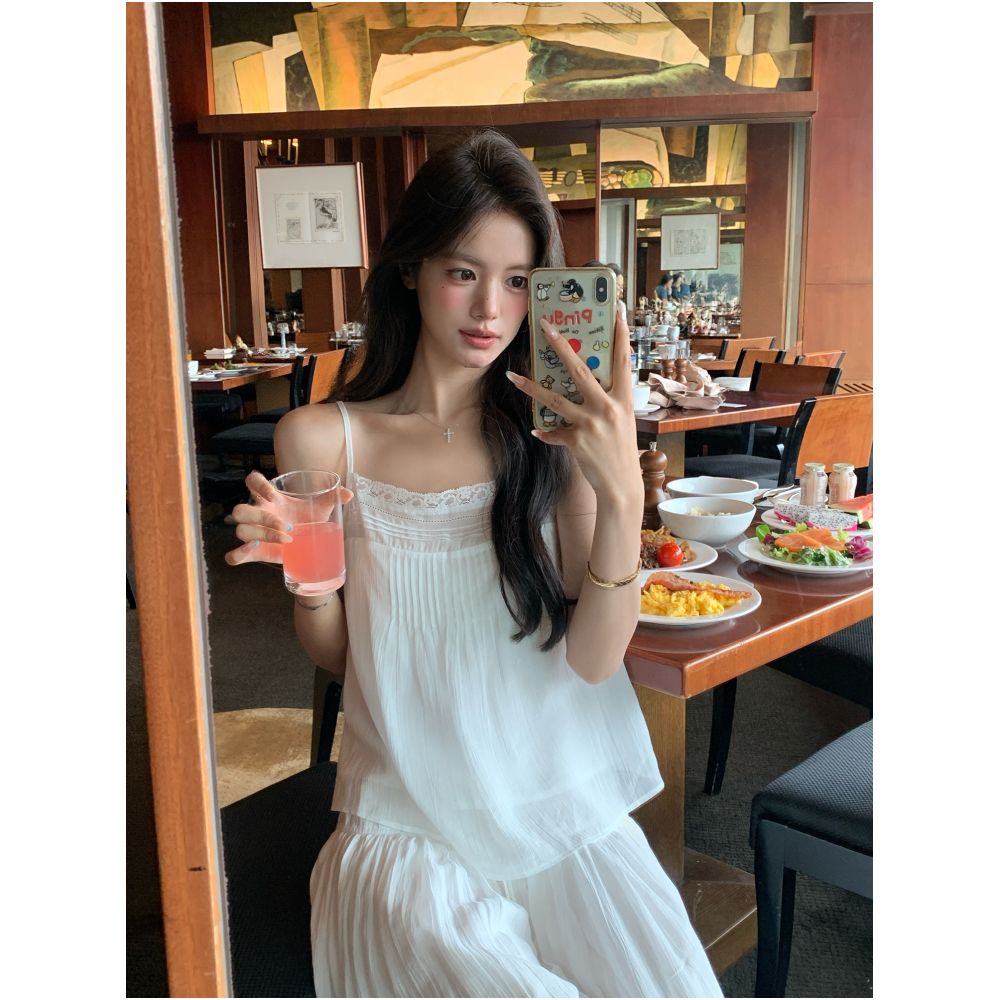 Big Dog with Braces Breathable White Lace Camisole Wide Leg Pants Set Relaxed Breathable and Slimming Two Piece Set image 2