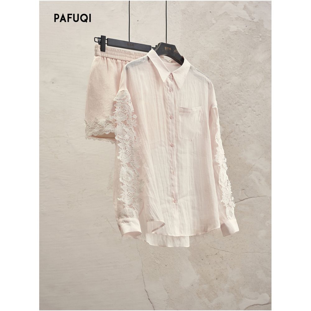 French style openwork lace trim shirt and shorts set exquisite and unique embroidered rose top new summer 2026 style image 0